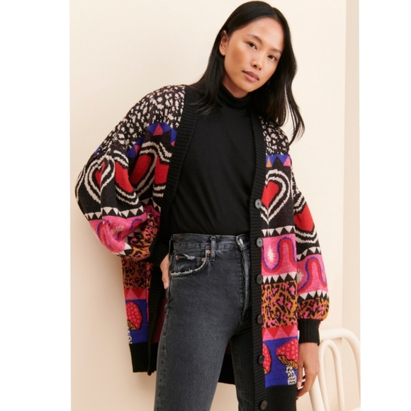 New! FARM Rio Graphic Elements Ainika Cardigan Mushroom Leopard Wool Sweater - Picture 3 of 16